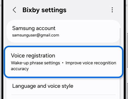 Bixby settings screen on a Galaxy phone highlighting the Voice registration option for wake-up phrase and voice recognition accuracy.