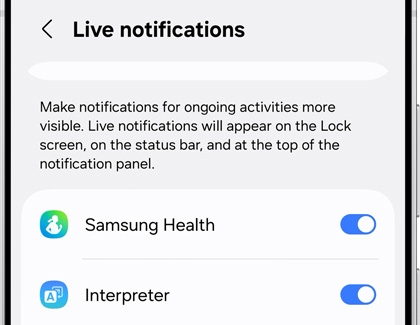 The Live notifications settings screen on a Galaxy S25, showing toggles enabled for Samsung Health and Interpreter