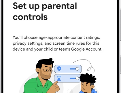 Galaxy S25 Ultra screen displaying the Set up parental controls page with an illustration of a parent and child.