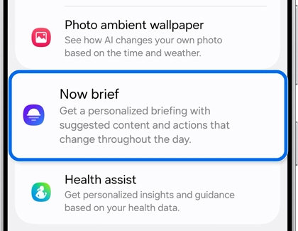 The Now brief option highlighted on the Galaxy AI screen.