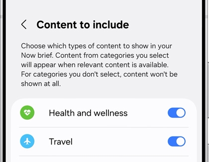 The Content to include screen, displaying Health and wellness, and Travel options enabled.