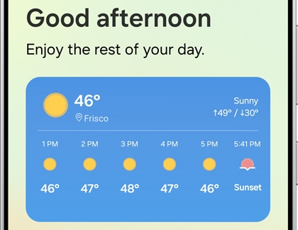 A Good afternoon brief screen displaying weather and location information.