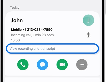 View recording and transcript option highlighted on a Galaxy S25 Ultra