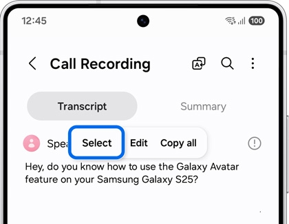 Selected highlighted in Call Recording screen