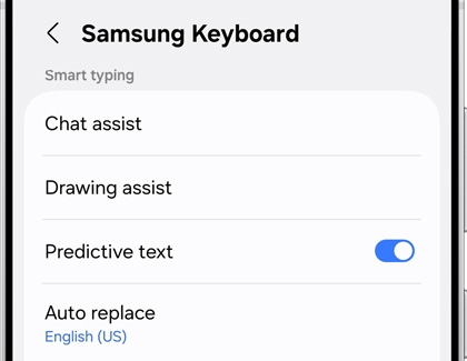 Galaxy S25 Ultra Samsung Keyboard settings showing Smart typing options like Chat assist, Drawing assist, and Predictive text.