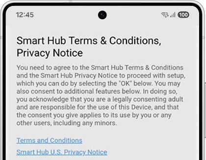 Smart Hub Terms and Conditions screen shown on the Galaxy S25 Ultra during initial smartphone setup.