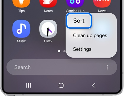 Galaxy S25 Ultra apps screen with the Sort option highlighted in the menu.
