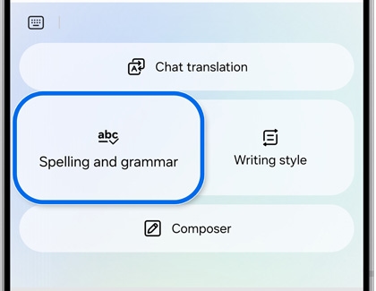 Samsung app highlighting the Spelling and grammar feature for error checking.

