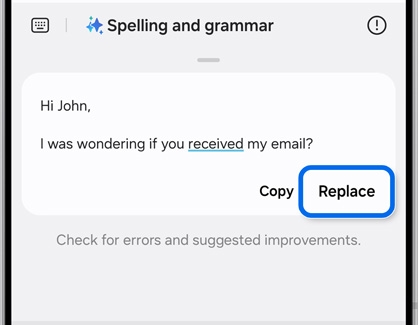 Corrected text displayed with the Replace option in a Samsung app spelling and grammar tool.