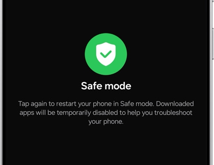 Galaxy S25 Ultra displaying the Safe mode activation screen with a green shield icon.