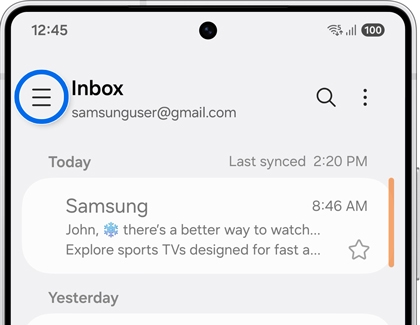 A Galaxy S25 showing an email inbox with the three line menu icon in the top left corner circled in blue.