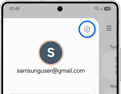 A Galaxy S25 showing the account side menu with the gear icon for settings in the top right corner circled in blue.