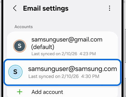 A Galaxy S25 showing the Email settings menu with a specific email account highlighted by a blue rounded box.