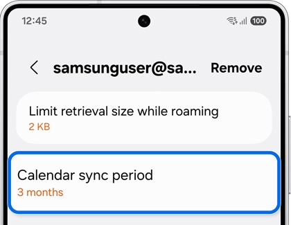 A Galaxy S25 showing account sync settings with the Calendar sync period option highlighted by a blue rounded box.