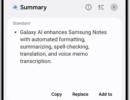 Galaxy AI generating a concise summary in Samsung Notes.