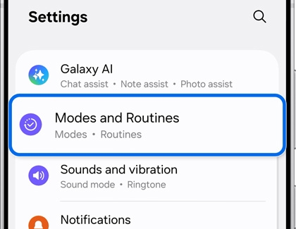 Modes and Routines highlighted in the Settings menu.