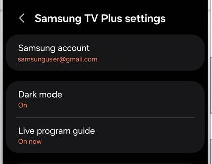 Galaxy S25 Ultra showing Samsung TV Plus settings with options for Dark mode and Live program guide.