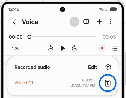 A voice recording app screen with the transcription icon highlighted, ready to transcribe audio.