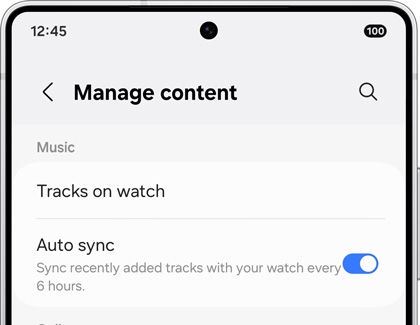 The Manage content screen in the Galaxy Wearable app, displaying Music options.