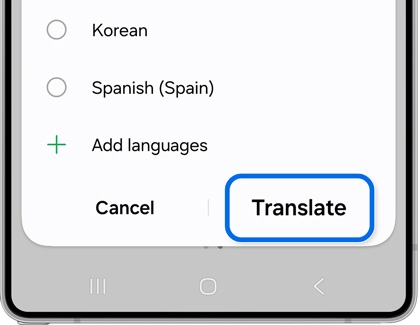 Translation menu displayed on a Samsung Galaxy device, highlighting Translate button to confirm language selection, including options for Korean and Spanish.