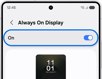 Galaxy S25 Ultra settings screen with Always On Display toggle switched to On.