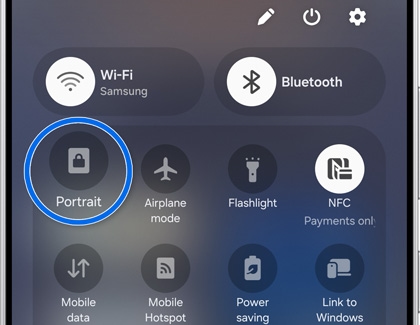 Quick Settings panel on the Galaxy S25 Ultra with the Portrait lock icon highlighted.