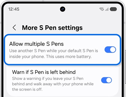 More S Pen settings on the Galaxy S25 Ultra, with Allow multiple S Pens highlighted and toggled on.