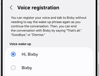 Galaxy S25 Ultra displaying Bixby Voice registration settings with Hi, Bixby selected as the wake-up phrase.