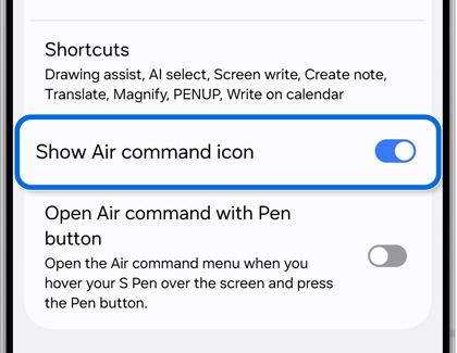 Settings menu on a Samsung Galaxy device with the Show Air command icon toggle highlighted.