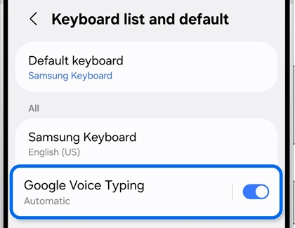 Keyboard list and default settings with Google Voice Typing toggle highlighted and turned on.