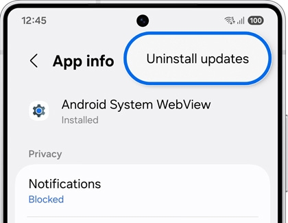Android System WebView app info screen with the Uninstall updates button highlighted.
