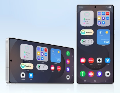 Galaxy S25 devices displaying the One UI 7 home screen in both portrait and landscape modes