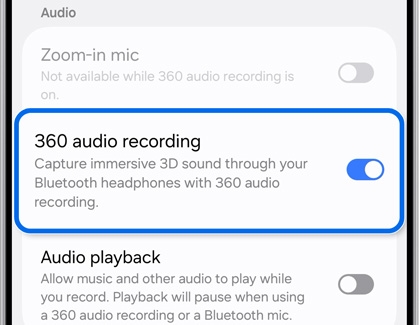 Galaxy S25 Ultra audio settings with 360 audio recording toggle highlighted and turned on.
