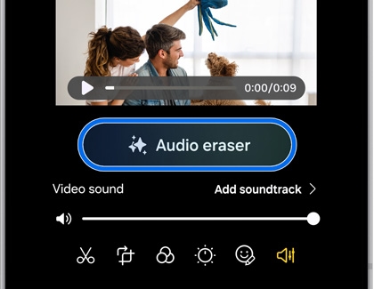 Galaxy S25 Ultra video editor with Audio eraser option highlighted and sound adjustment tools.