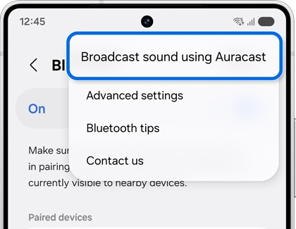 Galaxy S25 Ultra Bluetooth settings with Broadcast sound using Auracast highlighted.