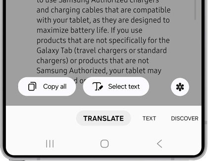 Galaxy device using Bixby Vision with options to copy, translate, or select text.