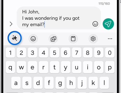 Samsung Galaxy phone keyboard view with an AI assist button highlighted, ready to enhance text input.