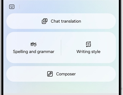 Options menu on a Samsung Galaxy phone screen displaying Chat Translation, Spelling and Grammar, Writing Style, and Composer.