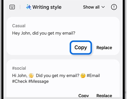 Writing style options displayed on a Samsung Galaxy phone, focusing on the copy button for Casual and Social styles.