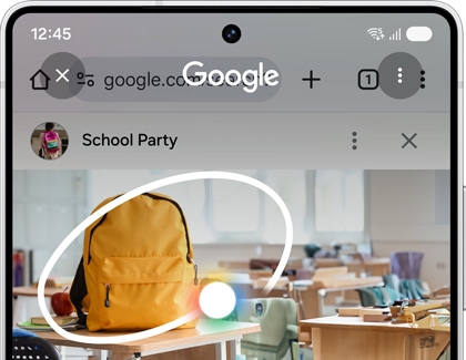 A Galaxy phone with an image of a yellow backpack selected using Circle to Search, initiating a Google visual search.