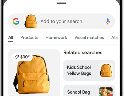 Google search results on a Galaxy phone display options for yellow school bags with prices and related products.