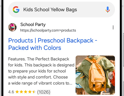 A Galaxy phone screen showing detailed product search results for a yellow backpack, including features and reviews.