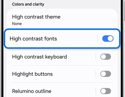 Galaxy S25 Ultra accessibility settings with High contrast fonts toggle highlighted and turned on.