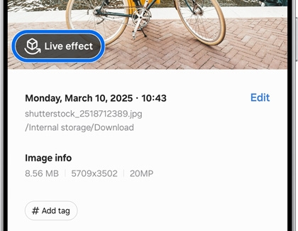 A Galaxy S25 Ultra displaying an image with the Live effect option highlighted