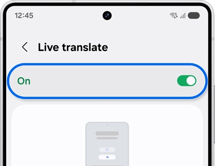 Galaxy phone screen with the Call Assist menu open. The Live Translation toggle is highlighted in blue, indicating it is enabled.