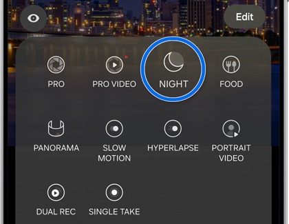 Night mode highlighted in the Camera app