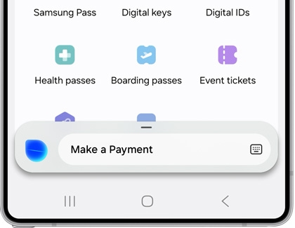 Galaxy S25 Ultra showing Make a Payment voice command with the wallet interface in the background.