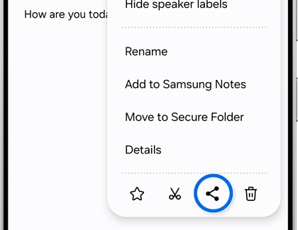 A menu option to share transcripts from the Samsung Voice Recorder app.