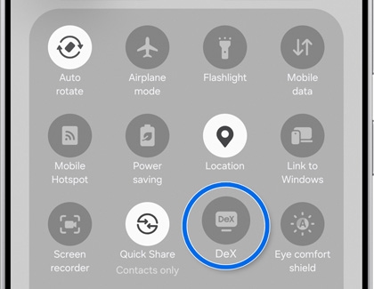 DeX icon highlighted in Quick settings.