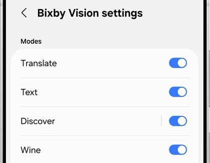 Galaxy device showing Bixby Vision settings with modes like Translate, Text, Discover, and Wine toggled on.